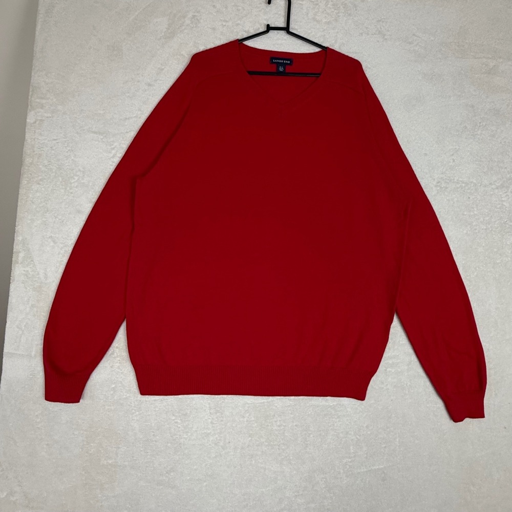 Lands End Mens Red V-Neck Sweater XL Cotton‎ Cashmere Blend Pullover Cardigan